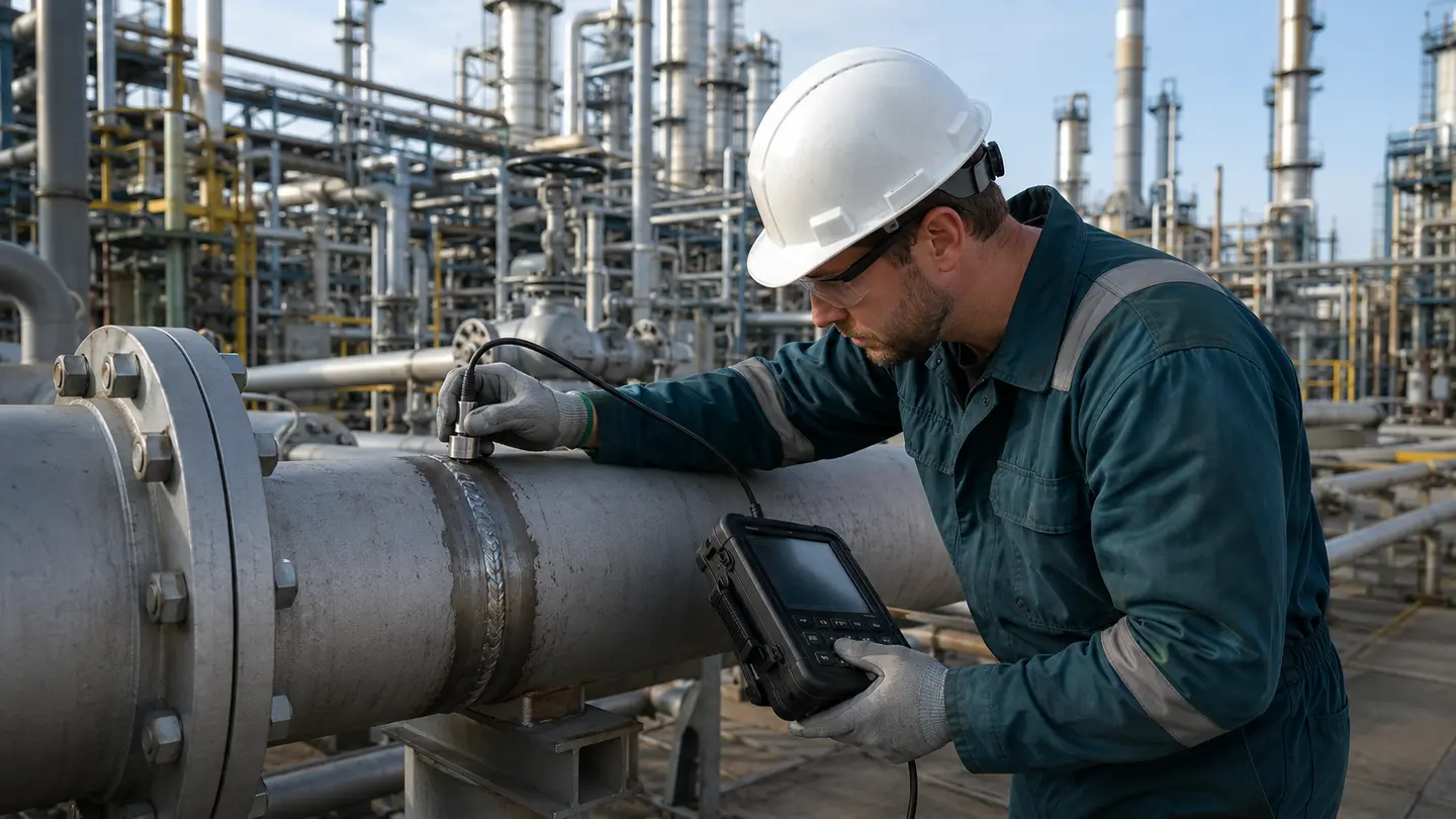 Инженер выполняет ультразвуковой контроль сварного шва трубопровода на нефтеперерабатывающем предприятии